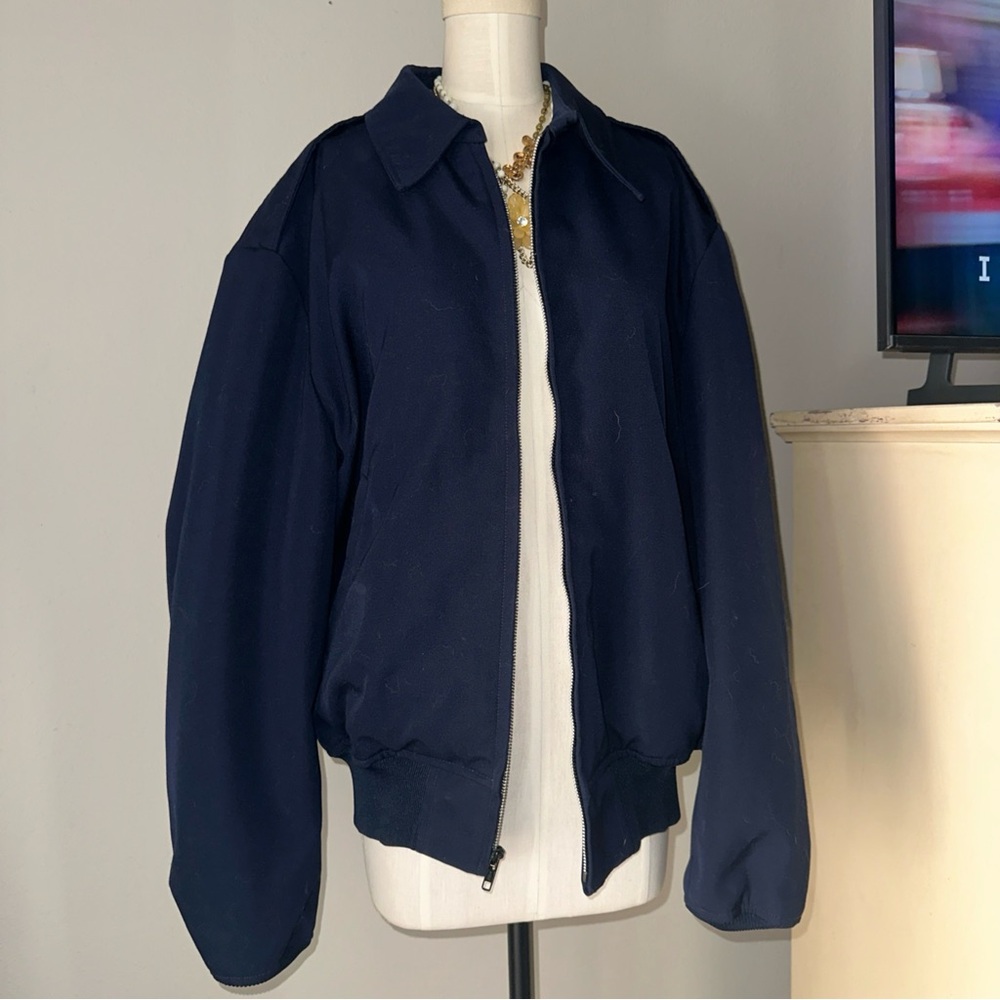 Men’s Classic Wool Blend Navy Blue Barn Utility Bomber Jacket Zip Up Lined 46R